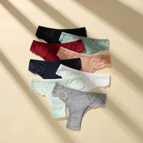 Women Ribbed Cotton Panties Low Waist Lace Trim Breathable Solid Color Underwear Soft Comfortable Briefs