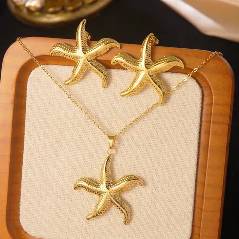 Stainless Steel Artificial Pearl Starfish Conch Bow Necklace Earrings Marine Style Vacation Jewelry For Women