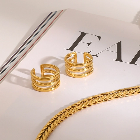 Minimalist Stainless Steel Three Layer Ear Cuff For Women Non Pierced Ear Bone Clip Gold Plated Geometric Fashion Jewelry Accessory