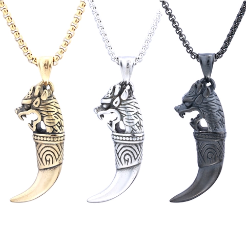 Wolf Head Tooth Pendant Necklace Vintage Ethnic Totem Stainless Steel Jewelry Punk Rock Viking Style For Men And Women