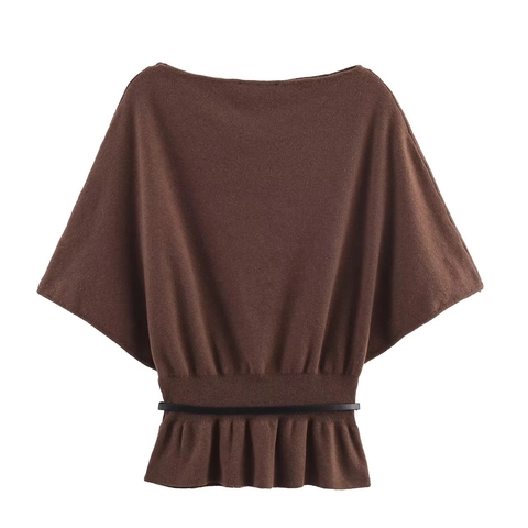 Elegant Boat Neck Batwing Sleeve Knit Top With Belt Peplum Hem Solid Color Casual Sweater For Women