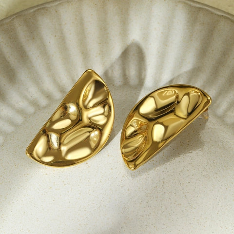 Roestvrij Stalen Gehamerd Halve Cirkel Oorknopjes en Verstelbare Ring Set Voor Vrouwen Vergulde Gevouwen Geometrische Sieraden