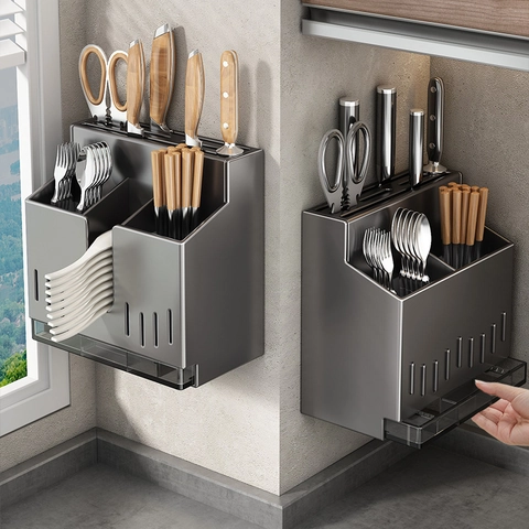 Kitchen Knife Holder Stainless Steel Cutlery Storage Rack Wall Mounted Countertop Organizer With Drain Tray Ventilated