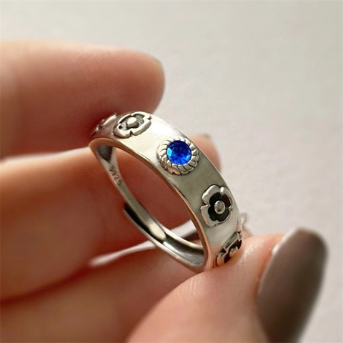 Vintage Flower Castle Ring Adjustable With Blue Red Gemstone Retro Jewelry