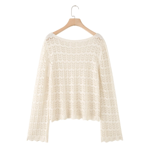 Women Crochet Knit Top Cotton Blend Hollow Out Long Sleeves Scalloped Hem Elegant French Style Vintage Sweater