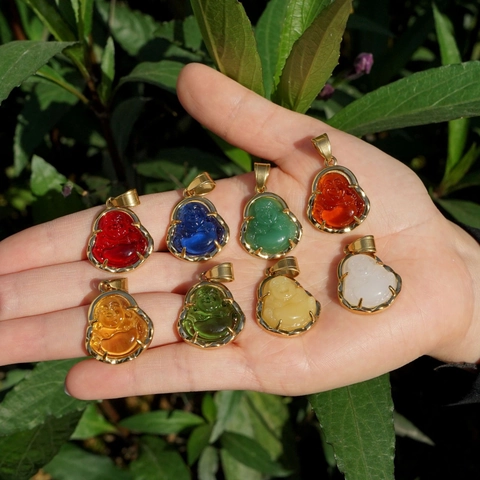 Pendente Buddha Che Ride Acciaio Inossidabile Placcato Oro 18K Calcedonio In Vetro Colorato Gioielli Religiosi Vintage Per Donna Uomo