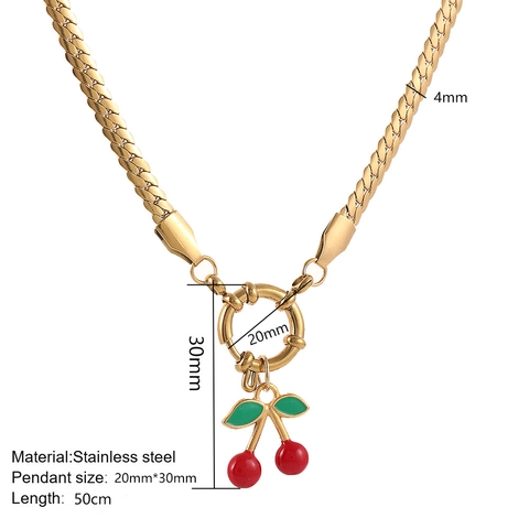 Dulce Collar con Colgante de Cereza de Acero Inoxidable para Mujer Oro Chapado al Vacío Esmalte Rojo Joyería de Moda