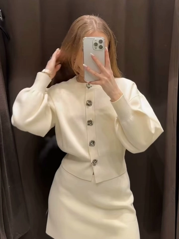Women Long Sleeve Knit Cardigan And High Waist Mini Skirt Knitted Elegant Button Solid Color Outfit
