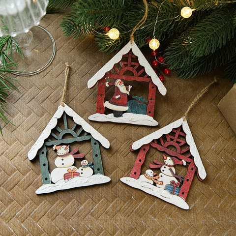 Addobbi Appesi Albero Di Natale Ciondolo Casa Cava In Legno Con Pupazzo Di Neve Babbo Natale Dipinto E Corda