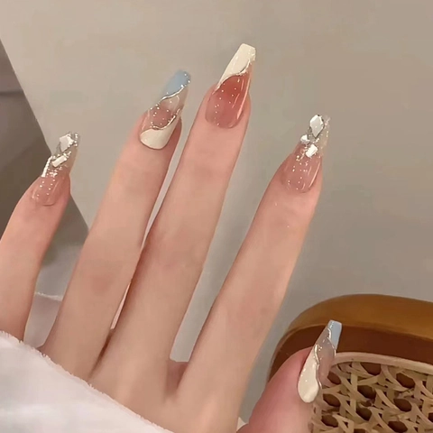 Uñas Postizas Ataúd Largas Azul Nude Color Block Estilo Francés Para Mujeres Manicura Artificial