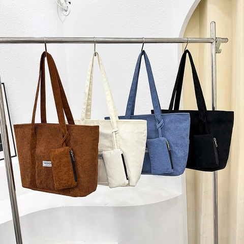 Corduroy Tote Bag Large Capacity Women Shoulder Bag With Matching Pouch Zipper Casual Solid Color Simple Fashion