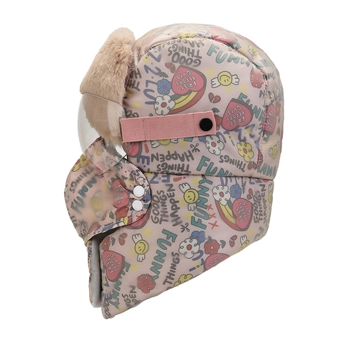 Winter Trapper Hat With Goggles And Mask Cartoon Graffiti Printed Acrylic Polyester Faux Fur Lining Windproof Warm