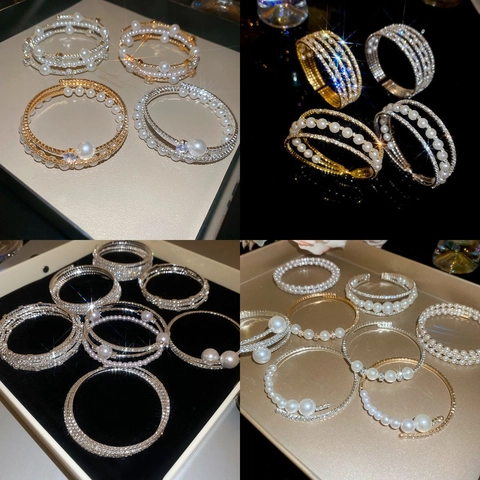 French Court Style Multi-layer Open Bangle Bracelet Alloy Rhinestone Imitation Artificial Pearl Elegant Luxury Jewelry For Women