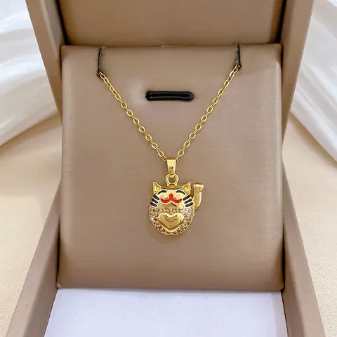Gelukskat Hanger Ketting Roestvrijstalen Ketting Koperen Hart Charm Micro Pave Zirkonia Emaille Sieraden Voor Vrouwen
