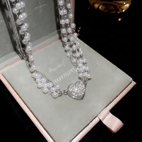 Collana Con Ciondolo A Cuore Multistrato Perla Artificial Imitazione Lega Strass Elegante Girocollo Gioielli Di Lusso Per Donne