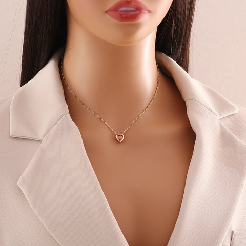 Heart Pendant Necklace Copper Stainless Steel Colorful Rhinestone Elegant Minimalist Gold Plated Clavicle Chain Jewelry For Women