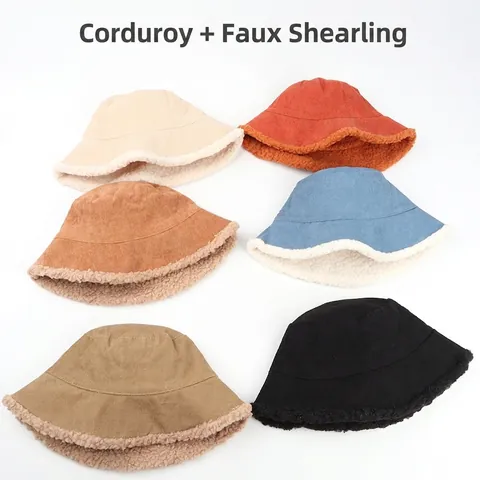 Sombrero De Pescador Corduroy Reversible Lana De Cordero Artificial Grueso Cálido Invierno Color Sólido Estilo Coreano Para Mujeres