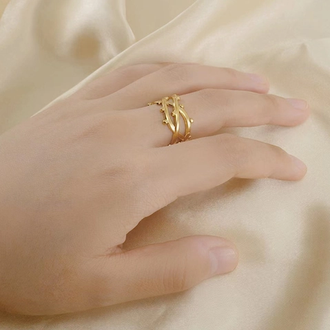 Irregular Mesh Woven Open Adjustable Ring Stainless Steel 18K Gold Plated Vintage European Style For Women Fashion Jewelry