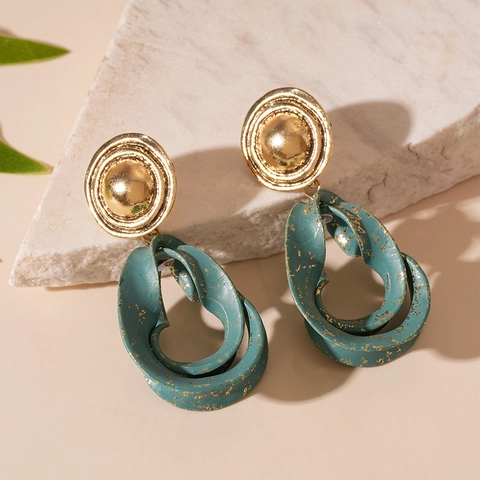 Vintage Geometric Dangle Earrings With Silver Earring Post Alloy Teal Enamel Gold Splatter Artsy Jewelry For Women