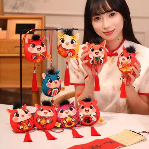 Cute Plush Horse Zodiac Mascot Pendant Traditional New Year Gift Stuffed Toy With Tassel Red Cord For Festival Home Decoration