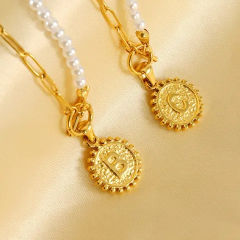 Initial Letter Pendant Necklace Stainless Steel Asymmetric Artificial Pearl And Paperclip Chain Round Coin OT Toggle Clasp Jewelry Women