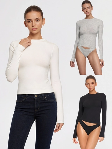 Women's Ribbed Knit T-Shirt Slim Fit Long Sleeve Solid Color Round Neck Shoulder Pad Thermal Base Layer Top