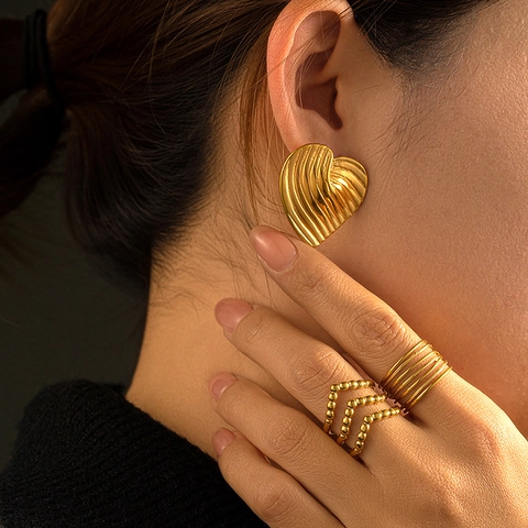 Heart Stud Earrings 18K Gold Plated Stainless Steel Rippled Texture Smooth Surface Retro INS Style For Women