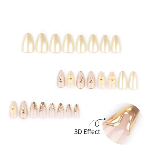 3D Goldene Rose Blume Press On Nails Lange Mandelform Elegantes Florales Metalldekor Volle Abdeckung Luxus Maniküre Damen
