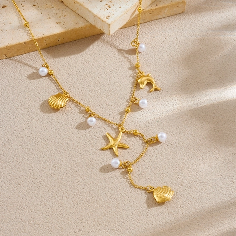 Stainless Steel Necklace Ocean Theme Sea Star Shell Butterfly Pendant With Faux Artificial Pearl Y-Shape Chain Elegant Jewelry Women