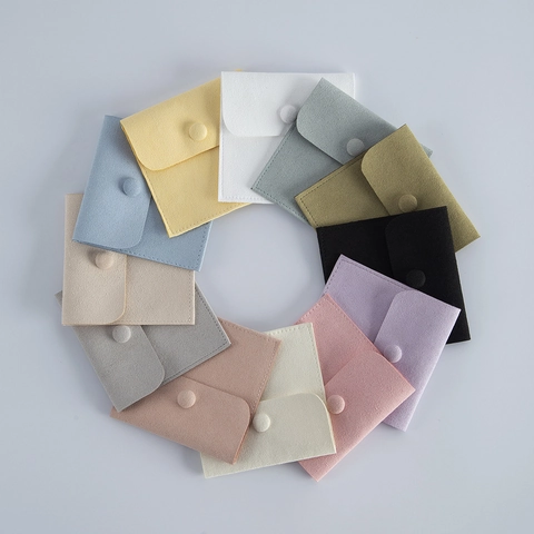 Microfiber Suede Jewelry Pouch Snap Button Envelope Packaging Bag For Earrings Rings Necklace Storage Soft Velvet Gift Bag