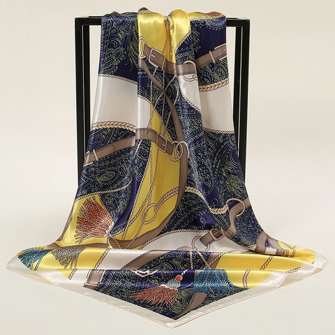 Women Vintage Satin Silk Like Square Scarf 90x90cm Floral Paisley Chain Print Fashion Neck Head Scarf For Daily Office Dress