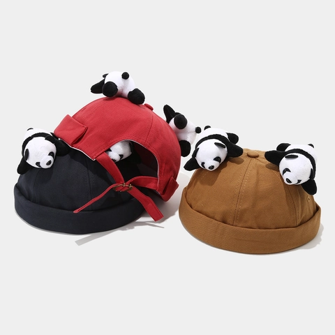 Creative Panda Docker Hat Cotton Canvas Brimless Cap With Two Plush Dolls Adjustable Streetwear For Men Women
