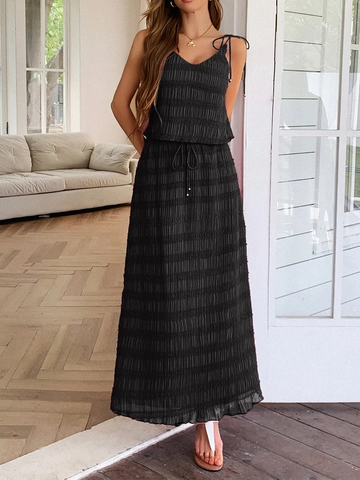 Top De Tirantes Y Falda Larga Para Mujer Con Textura Plisada Vacaciones Casual Color Sólido Ropa De Playa Elegante
