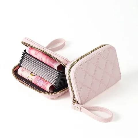 Quilted Rhombic PU Leather Accordion Card Holder Zipper Multi Slot Wallet With Wrist Strap For Women
