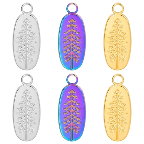 Stainless Steel Tree Pendant Necklace For Women Oval Pine Tree Relief Charm Gold Silver Iridescent DIY Jewelry Gift