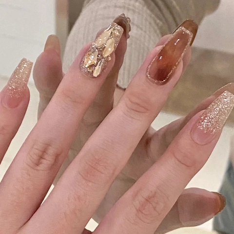 Unghie Finte Coffin Oro Champagne Ambra Press On Nails Effetto Occhio Di Gatto Glitter Strass Lunghe Per Donne