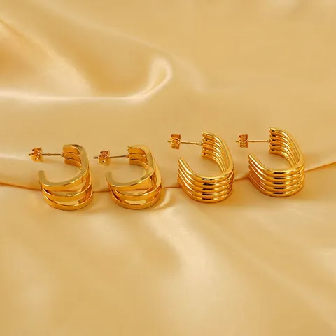 Multi Layer C-Förmige Ohrringe 18K Vergoldeter Edelstahl Geometrische Texturierte Chunky Hoop Schmuck Für Damen