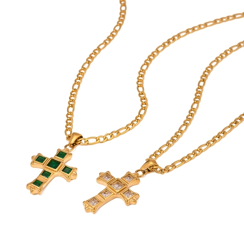 Collana Con Ciondolo A Croce In Zircone Quadrato Acciaio Inossidabile Placcato Oro 18K Catena Figaro Donna