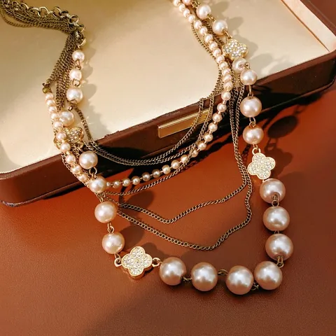 Multi Layer Necklace With Imitation Artificial Pearls Alloy Rhinestone Clover Pendants Retro Elegant Jewelry Accessories For Women