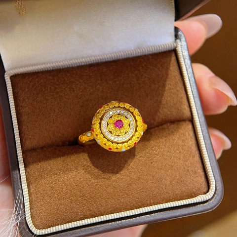 Vintage Ronde Filigraan Ring Koper Verguld Rode Zirkoon Emaille Hol Paleisstijl Verstelbare Sieraden Voor Vrouwen