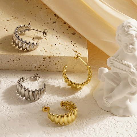 Orecchini a Cerchio a C in Acciaio al Titanio Vintage Per Donna Minimalista Texture Martellata Gioielli Metallici Oro Argento