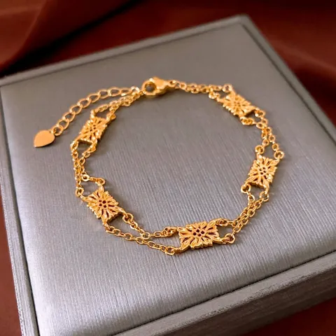 Vintage French Style Double Layer Chain Bracelet Gold Plated Copper Hollow Sunflower Motifs Heart Charm Adjustable