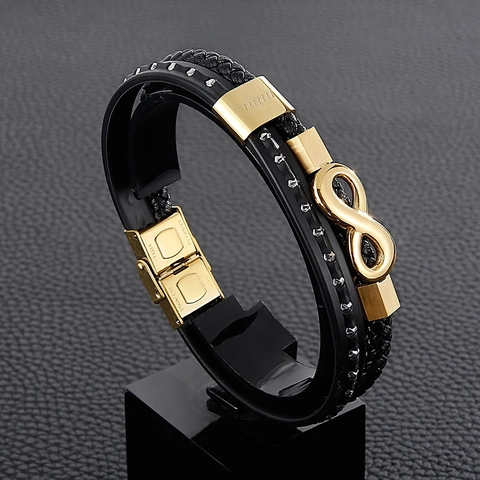 Bracciale In Pelle Intrecciata Multistrato Da Uomo Con Simbolo Infinito In Acciaio Inossidabile Rivetto Punk Hip Hop