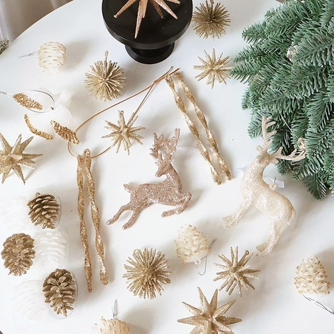 Addobbi Natalizi Appesi Albero Champagne Oro Glitter Renna Pigna Stella Ghiacciolo Plastica Decorazione Festa