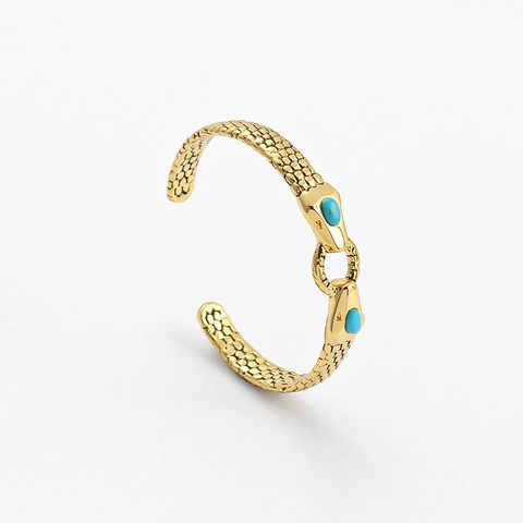 Bracciale Aperto e Collana Vintage in Ottone con Testa di Serpente e Turchese Artificiale Blu Trama a Scaglie Gioielli per Donna