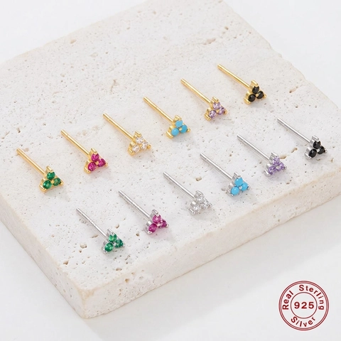 925 Sterling Silver Stud Earrings Colorful Zircon Stone Cluster Mini Geometric Flower Delicate Jewelry For Women