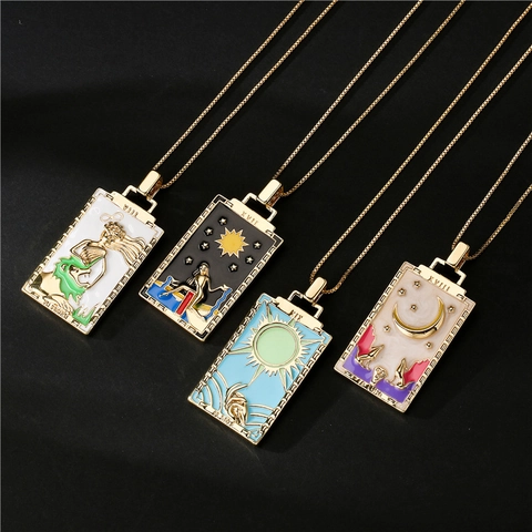 Collana Con Ciondolo Carta Tarocchi Vintage Placcata Oro 18K Rame Smalto Rettangolo Sole Luna Stella Gioielli Da Donna