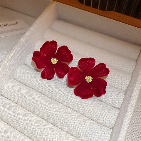 Rote Beflockte Samt Bogen Rose Ohrstecker Mit Silber Ohrstecker Elegant Französisch Retro Herbst Winter Schmuck Für Frauen