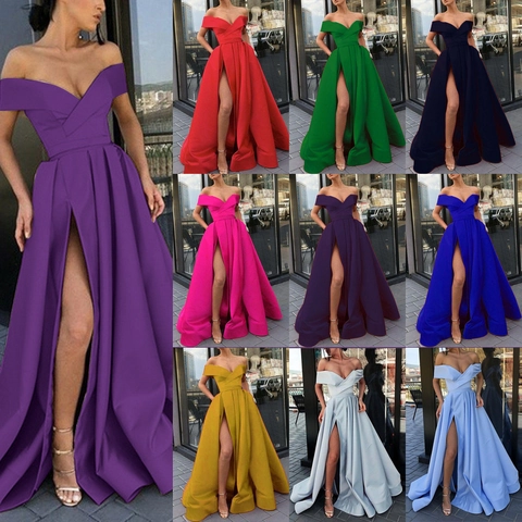 Dames Elegant Satijnen Avondjurk Diepe V-Hals Mouwloos Hoge Split Lange Jurk Voor Zomer Feest Formeel Banket Dames Jurk