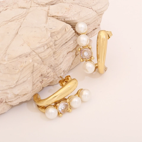 Orecchini a Cerchio in Acciaio Inossidabile Vintage Francese Con Perla Artificiale e Strass per Donna Elegante Gioielli in Stile Barocco